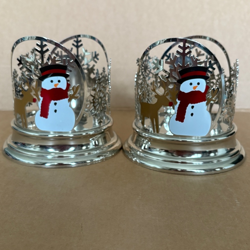Pair Bath and Body Works Snowman Rudolph Reindeer Snowflake 3 Wick Candle Holder